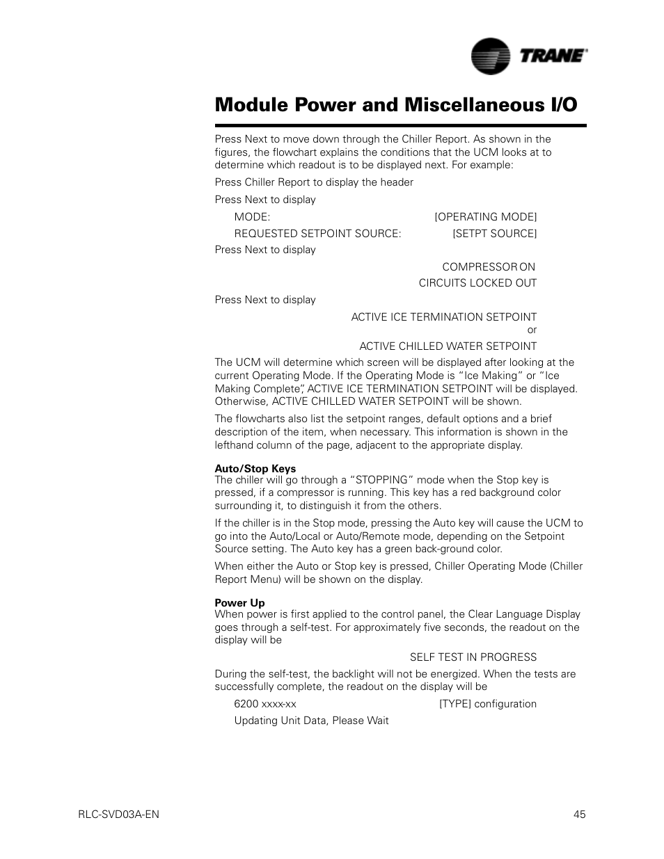 Auto/stop keys, Power up, Module power and miscellaneous i/o | Trane RTWA 70-125 TON User Manual | Page 45 / 88