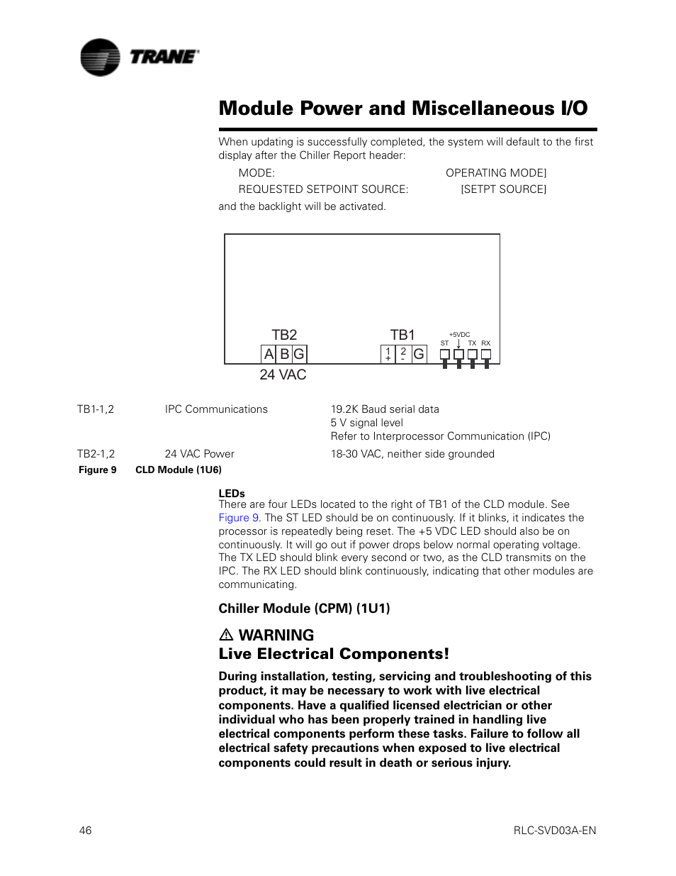 Figure 9 cld module (1u6), Leds, Chiller module (cpm) (1u1) | Module power and miscellaneous i/o, Ƽ warning live electrical components | Trane RTWA 70-125 TON User Manual | Page 46 / 88