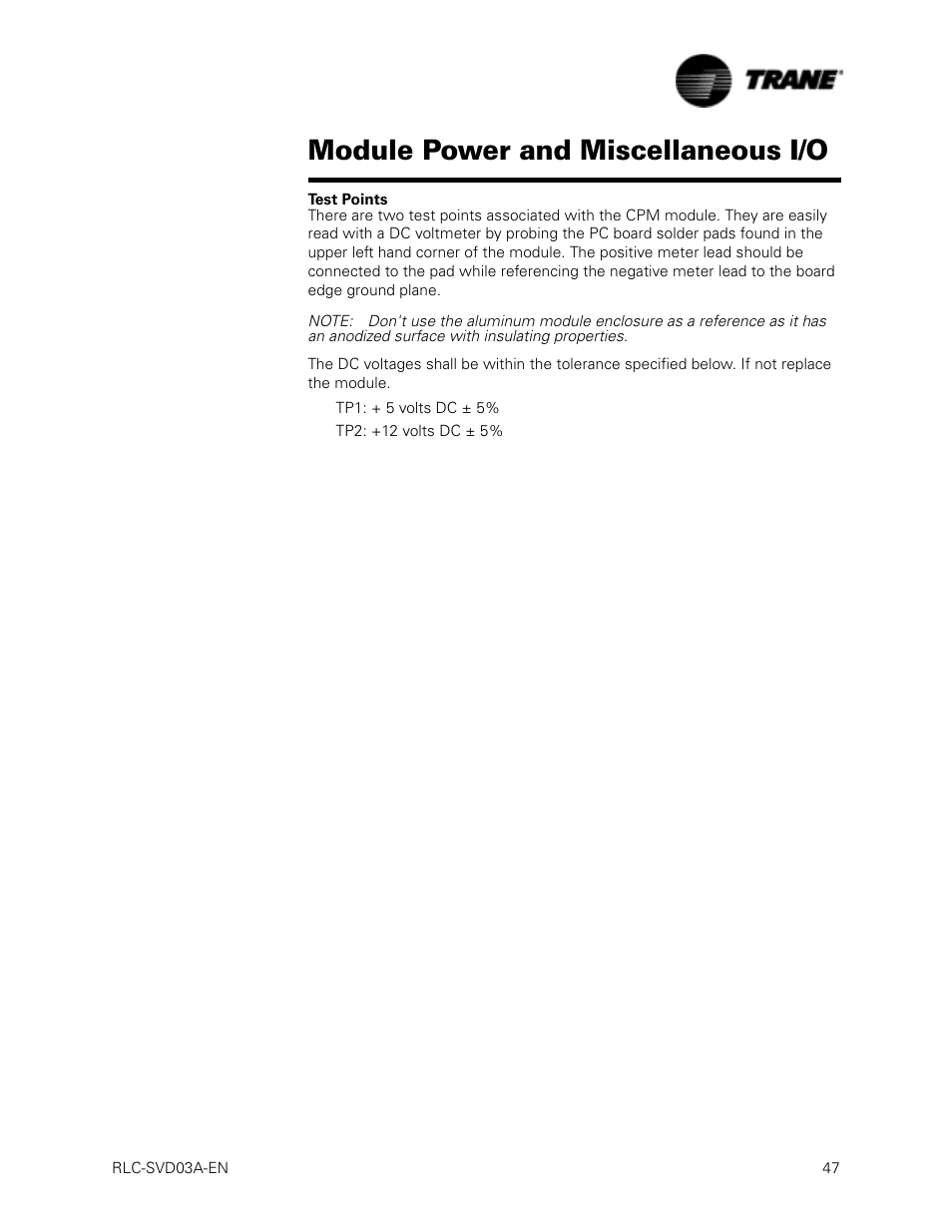 Test points, Module power and miscellaneous i/o | Trane RTWA 70-125 TON User Manual | Page 47 / 88