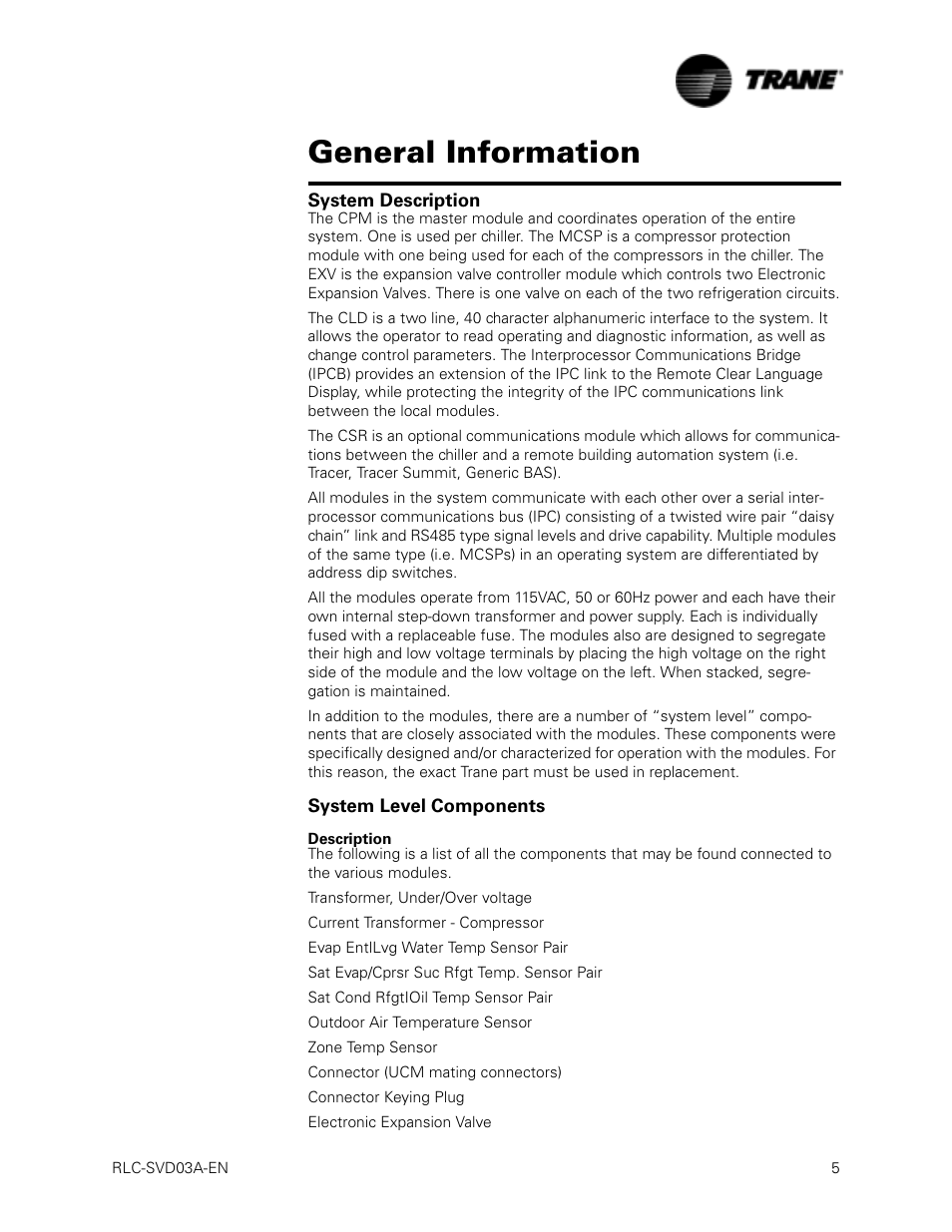 System description, System level components, Description | System description system level components, General information | Trane RTWA 70-125 TON User Manual | Page 5 / 88