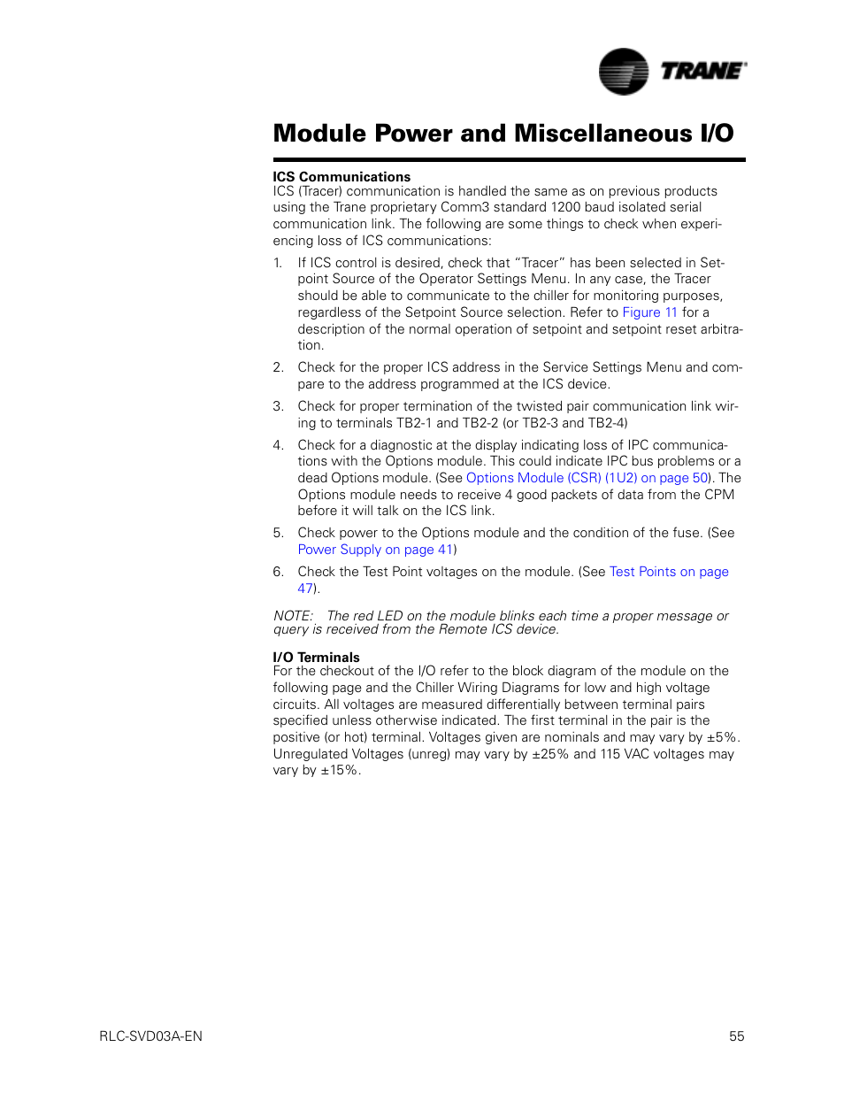 Ics communications, I/o terminals, Module power and miscellaneous i/o | Trane RTWA 70-125 TON User Manual | Page 55 / 88