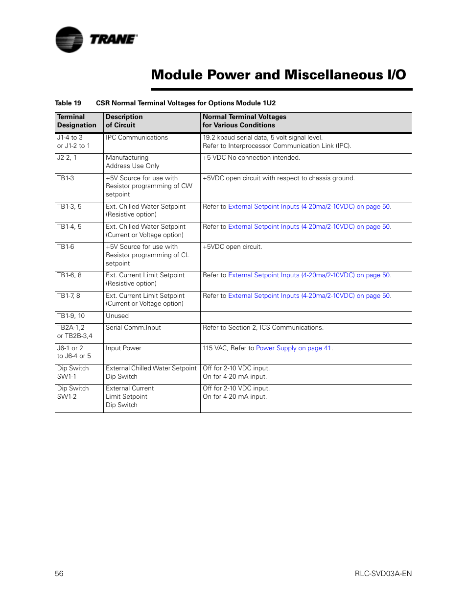 Module power and miscellaneous i/o | Trane RTWA 70-125 TON User Manual | Page 56 / 88