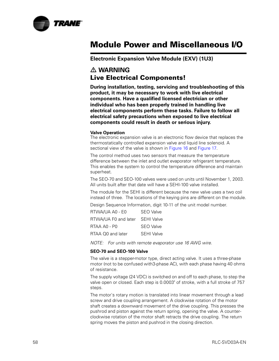 Electronic expansion valve module (exv) (1u3), Valve operation, Electronic expansion valve module (exv) (1u3) on | Module power and miscellaneous i/o, Ƽ warning live electrical components | Trane RTWA 70-125 TON User Manual | Page 58 / 88