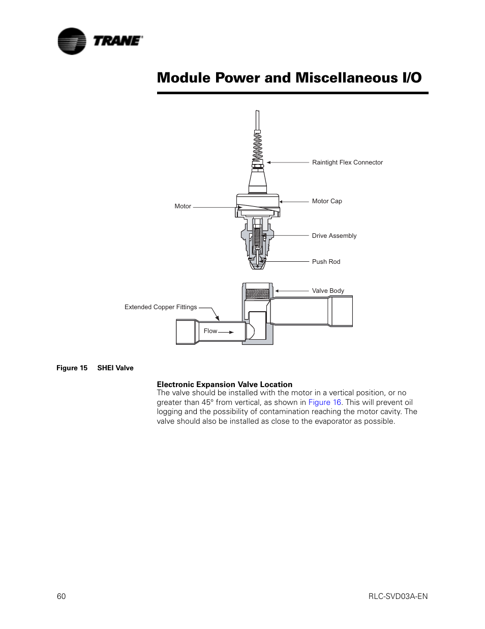 Figure 15 shei valve, Electronic expansion valve location, Module power and miscellaneous i/o | Trane RTWA 70-125 TON User Manual | Page 60 / 88