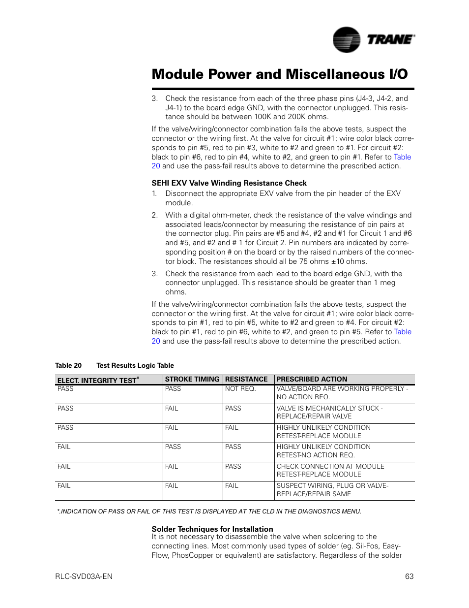 Sehi exv valve winding resistance check, Solder techniques for installation, Module power and miscellaneous i/o | Trane RTWA 70-125 TON User Manual | Page 63 / 88