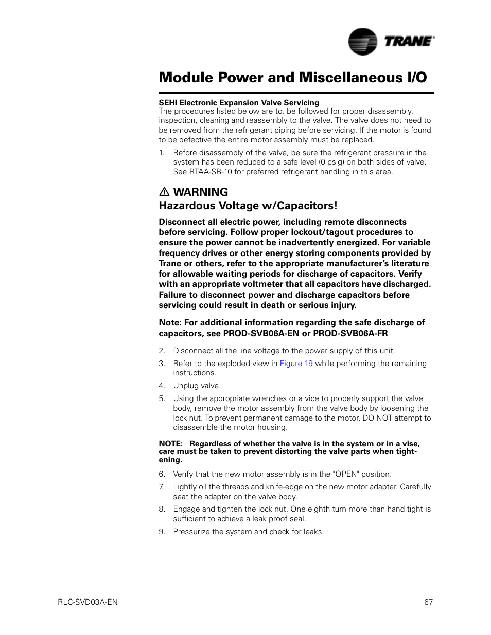 Sehi electronic expansion valve servicing, Module power and miscellaneous i/o, Ƽ warning hazardous voltage w/capacitors | Trane RTWA 70-125 TON User Manual | Page 67 / 88