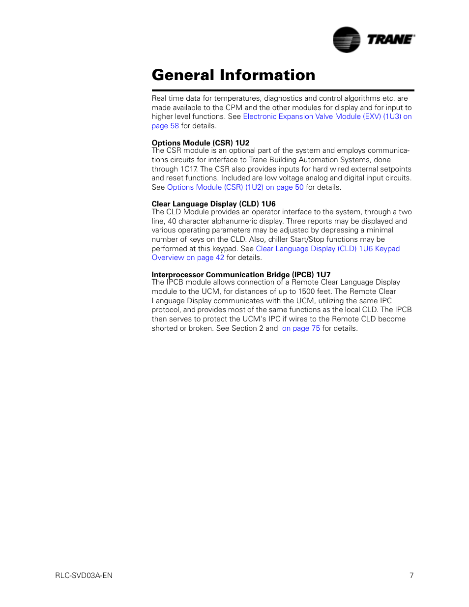 Options module (csr) 1u2, Clear language display (cld) 1u6, Interprocessor communication bridge (ipcb) 1u7 | General information | Trane RTWA 70-125 TON User Manual | Page 7 / 88