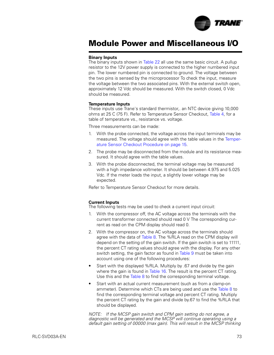 Binary inputs, Temperature inputs, Current inputs | Module power and miscellaneous i/o | Trane RTWA 70-125 TON User Manual | Page 73 / 88