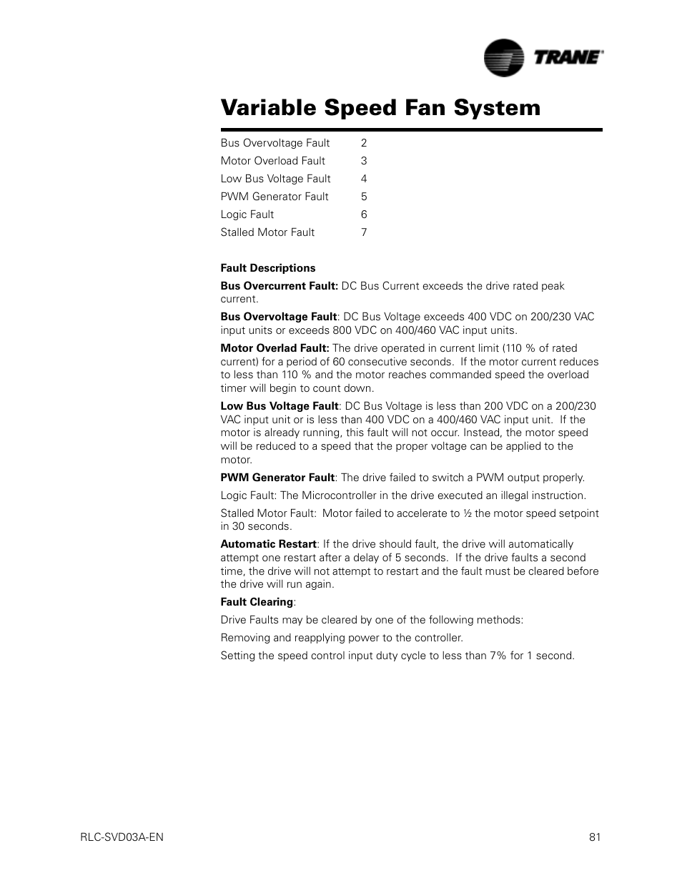 Variable speed fan system | Trane RTWA 70-125 TON User Manual | Page 81 / 88