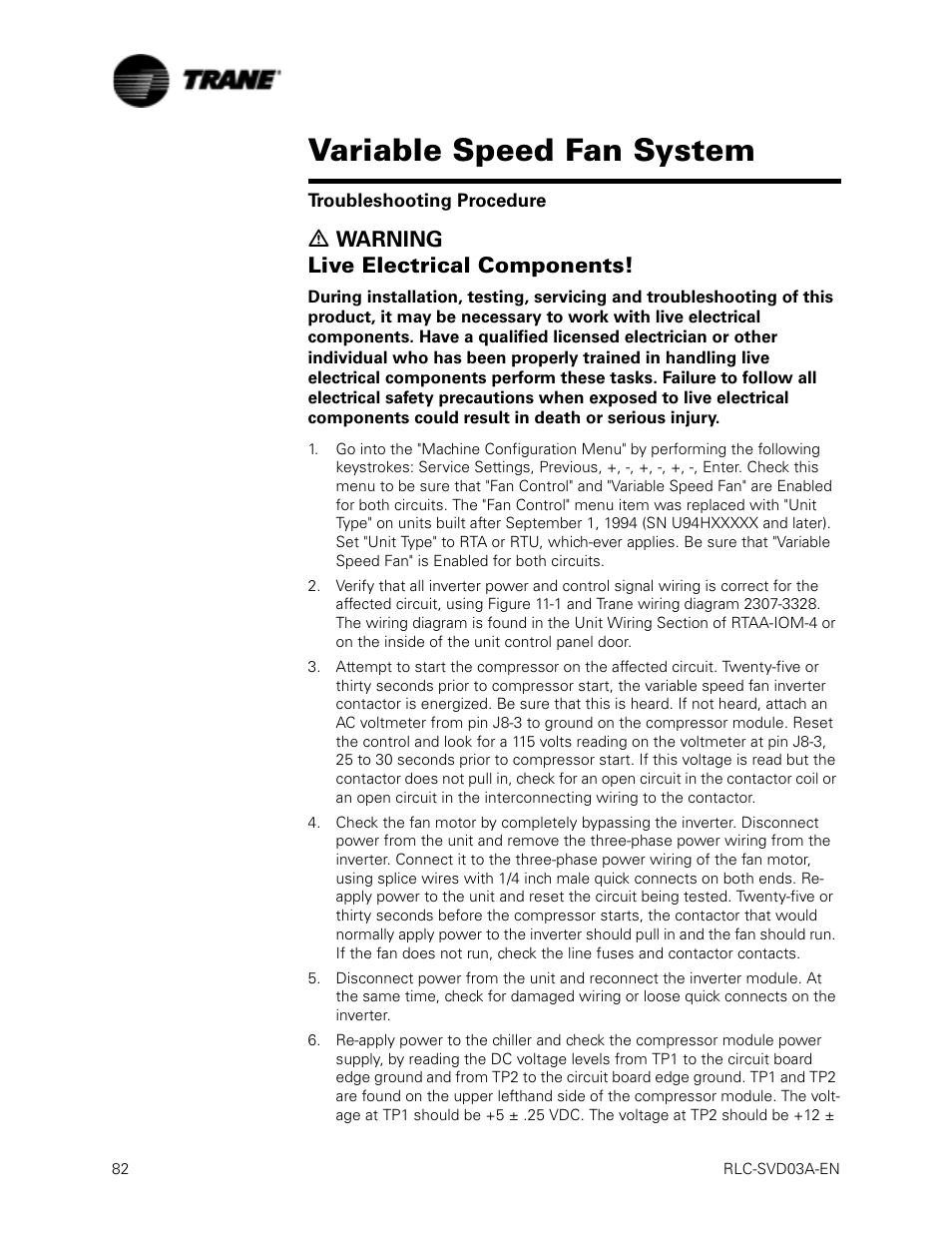 Troubleshooting procedure, Variable speed fan system, Ƽ warning live electrical components | Trane RTWA 70-125 TON User Manual | Page 82 / 88