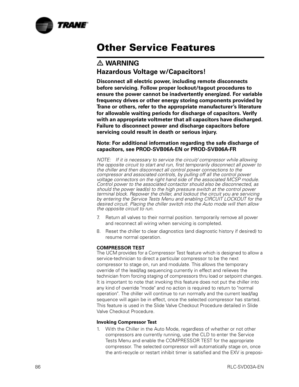 Compressor test, Invoking compressor test, Other service features | Ƽ warning hazardous voltage w/capacitors | Trane RTWA 70-125 TON User Manual | Page 86 / 88