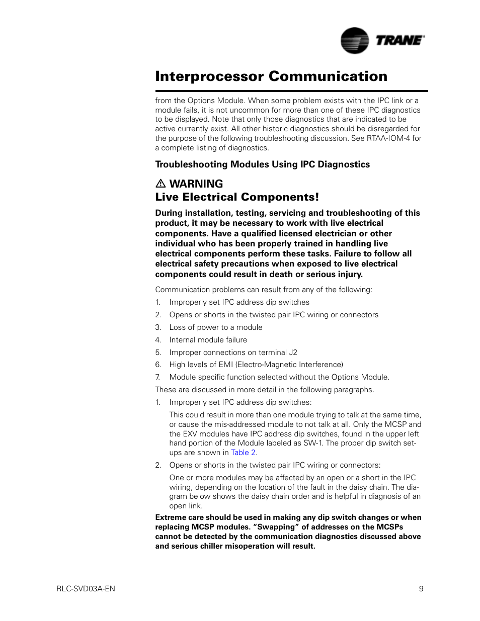 Troubleshooting modules using ipc diagnostics, Interprocessor communication, Ƽ warning live electrical components | Trane RTWA 70-125 TON User Manual | Page 9 / 88