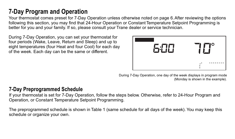 Day program and operation, Day preprogrammed schedule | Trane XT300C User Manual | Page 32 / 68