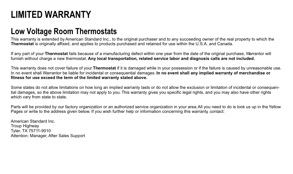 Limited warranty, Low voltage room thermostats | Trane XT300C User Manual | Page 66 / 68