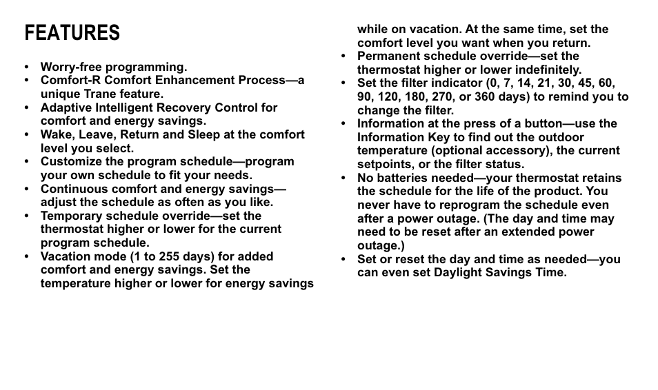 Features | Trane XT300C User Manual | Page 9 / 68