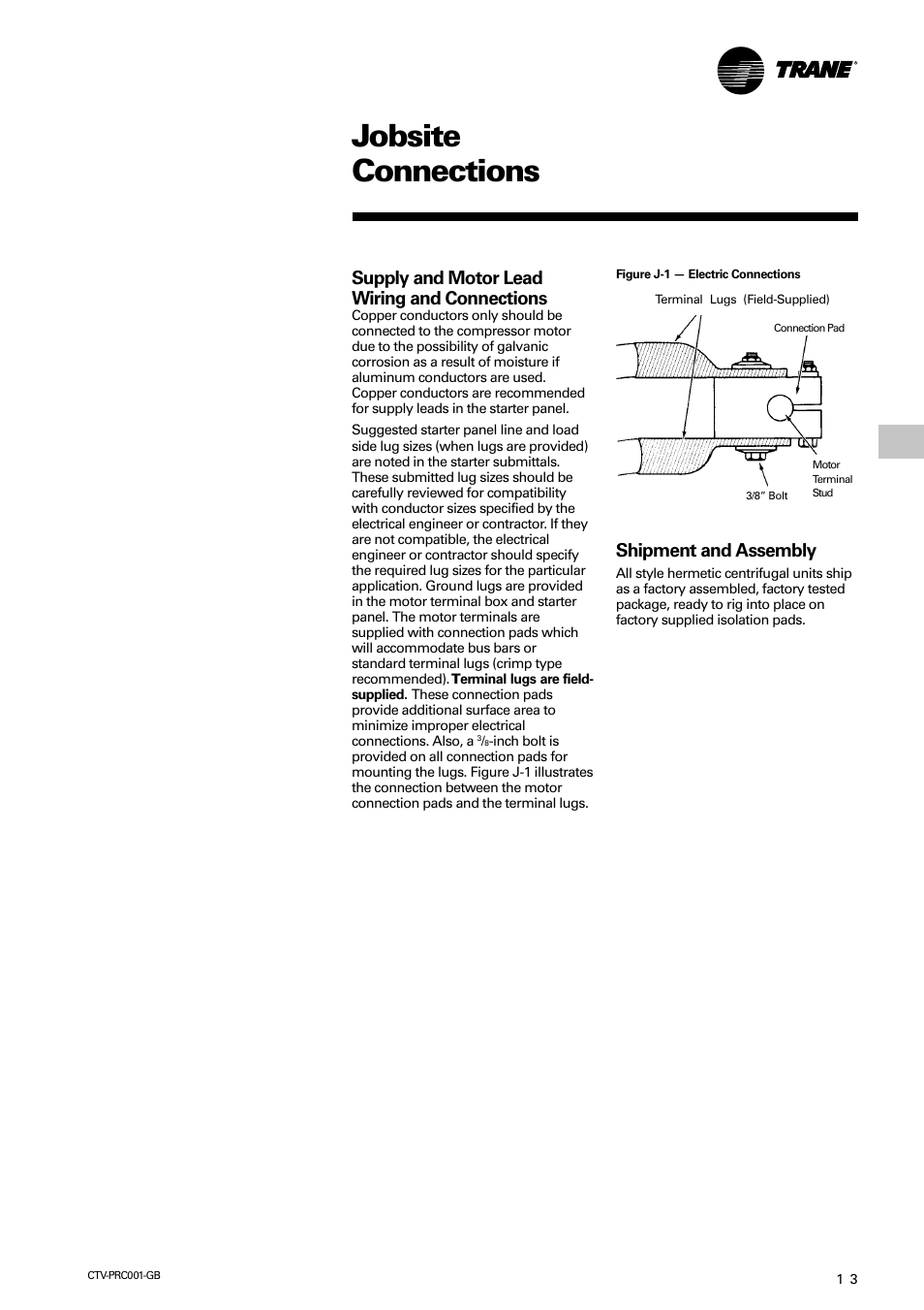 Controls, Jobsite connections, Supply and motor lead wiring and connections | Shipment and assembly | Trane CVGF User Manual | Page 13 / 24