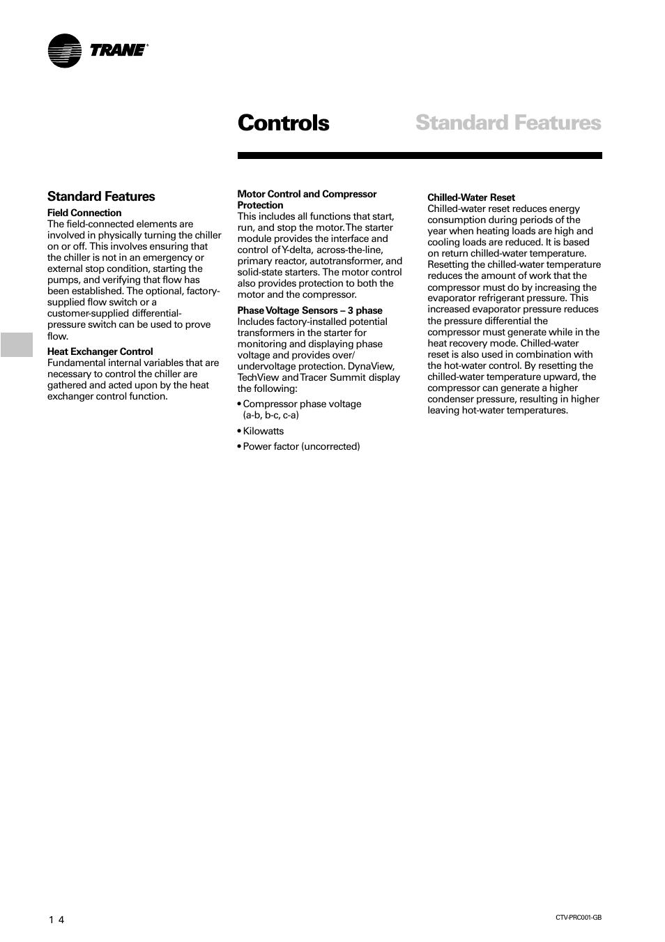 Controls, Standard features | Trane CVGF User Manual | Page 14 / 24