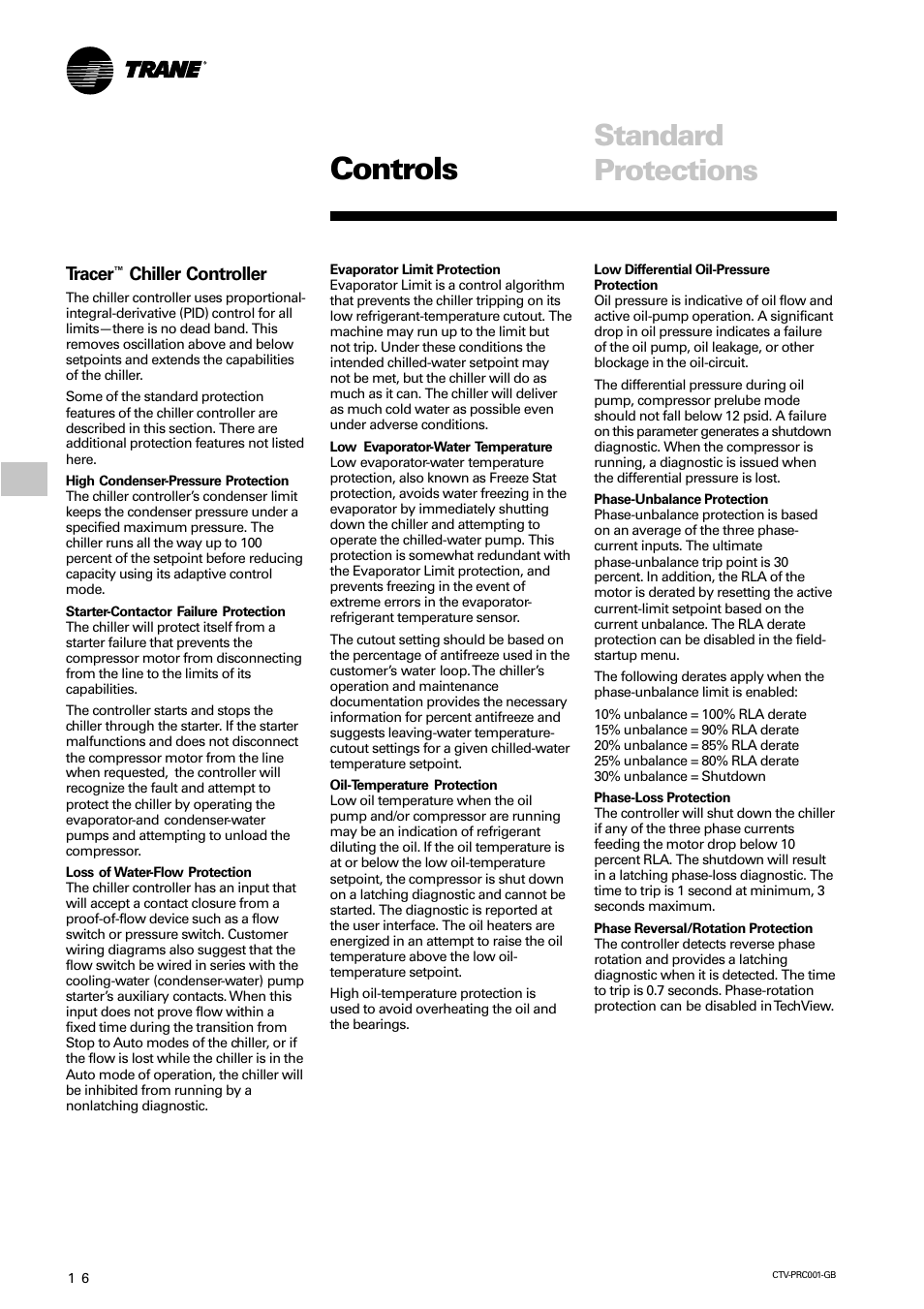 Controls, Standard protections, Tracer | Chiller controller | Trane CVGF User Manual | Page 16 / 24