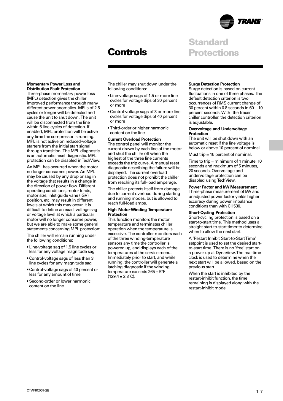 Physical dimensions, Controls, Standard protections | Trane CVGF User Manual | Page 17 / 24