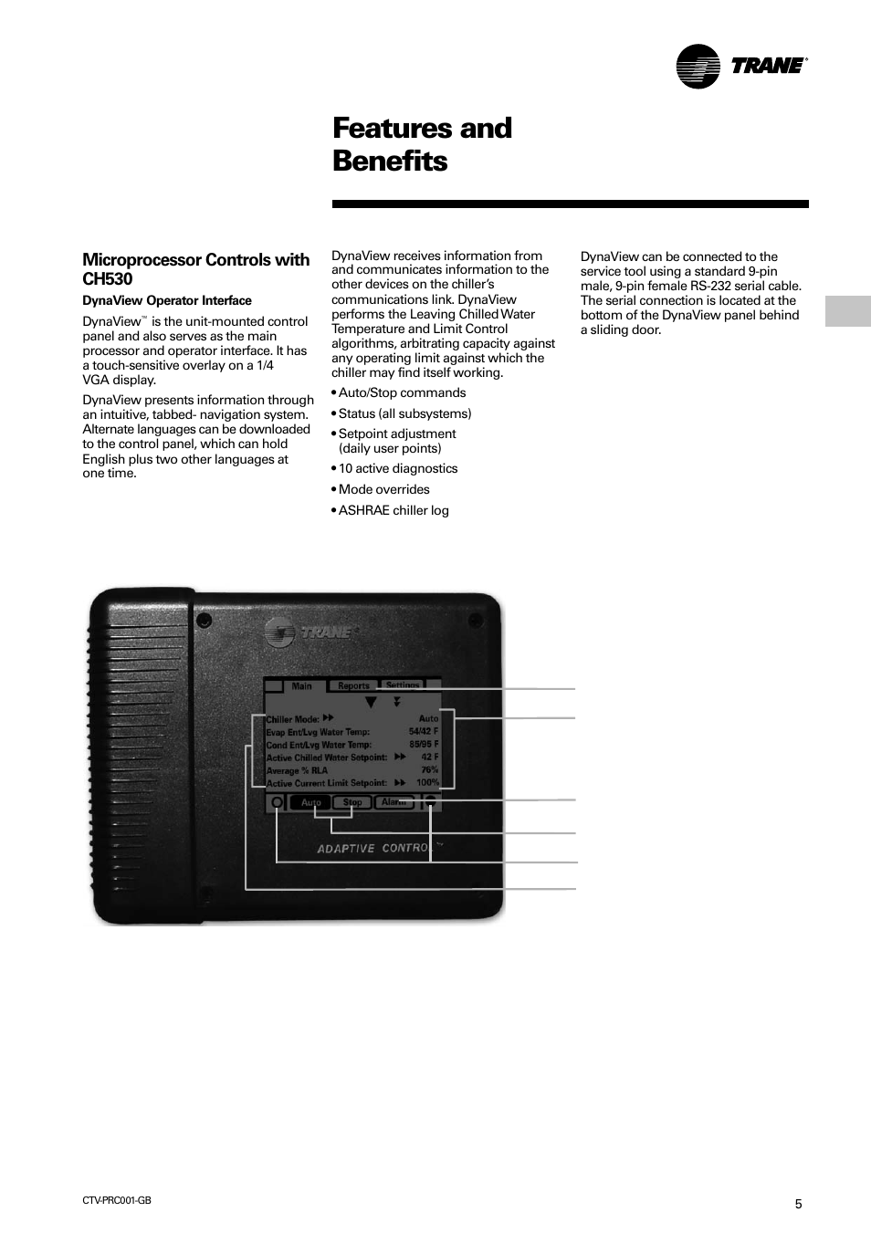 Features and benefits, Microprocessor controls with ch530 | Trane CVGF User Manual | Page 5 / 24