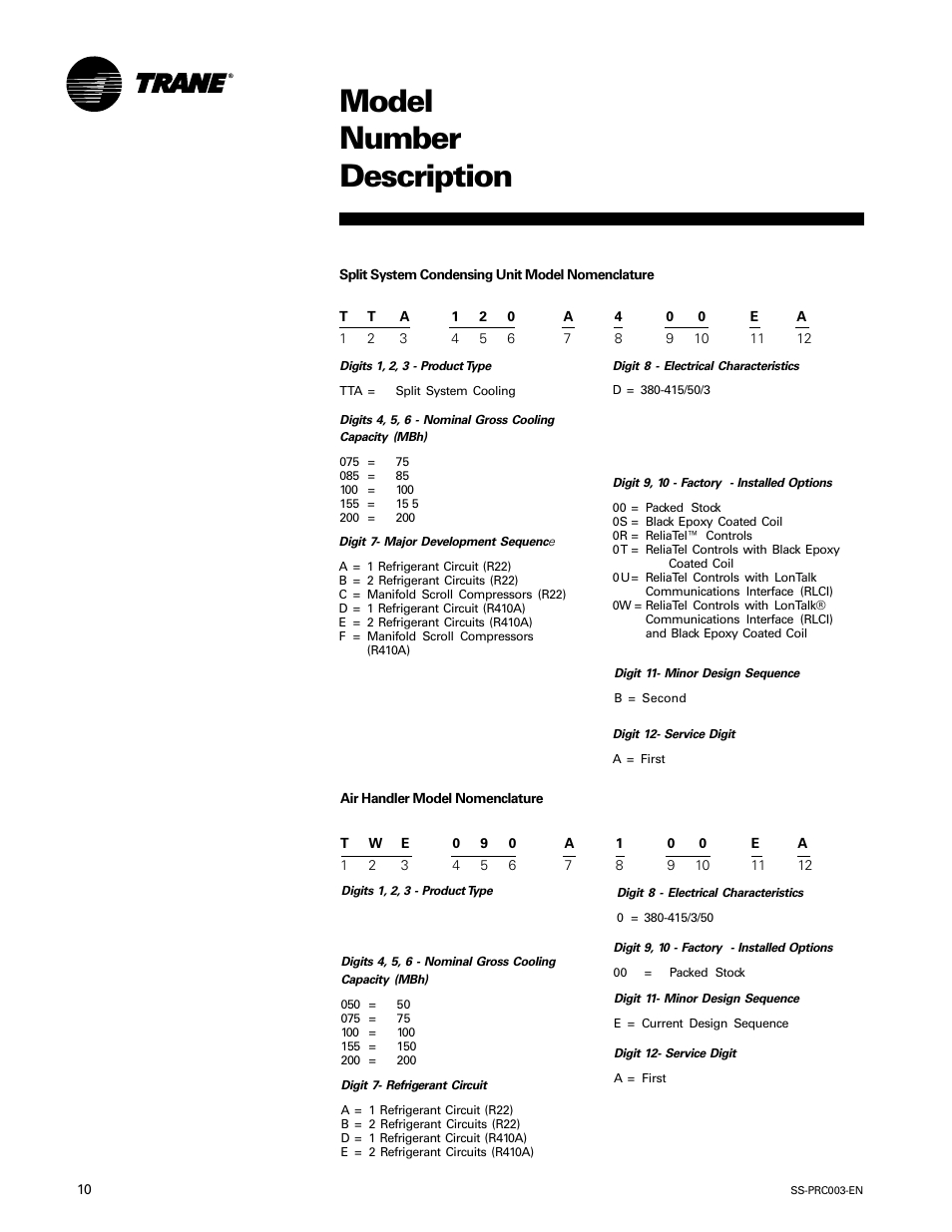 Model number, Model number description | Trane SS-PRC003-EN User Manual | Page 10 / 79