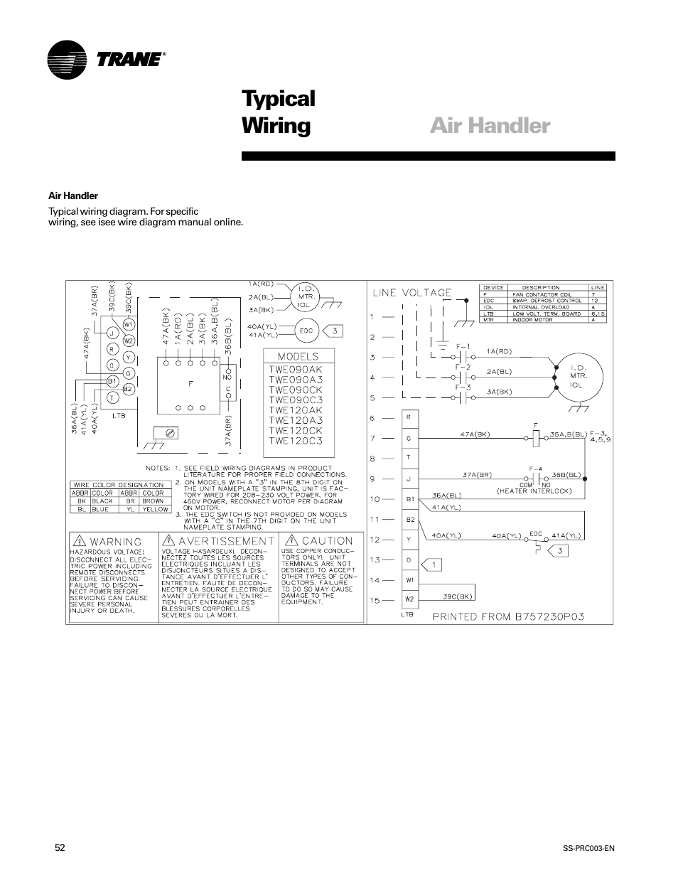 Wiring, Typical wiring air handler | Trane SS-PRC003-EN User Manual | Page 52 / 79