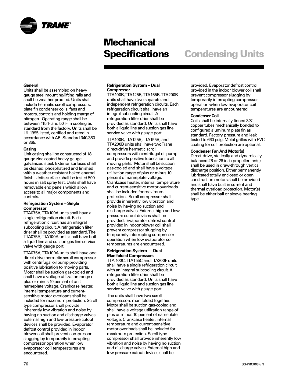 Mechanical specifications, Mechanical specifications condensing units | Trane SS-PRC003-EN User Manual | Page 76 / 79