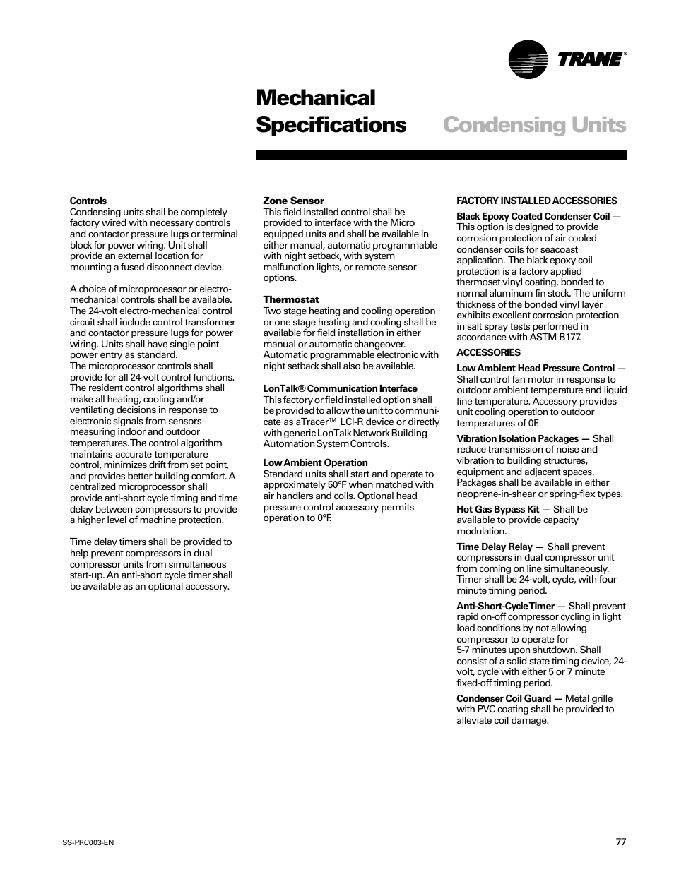 Mechanical specifications condensing units | Trane SS-PRC003-EN User Manual | Page 77 / 79