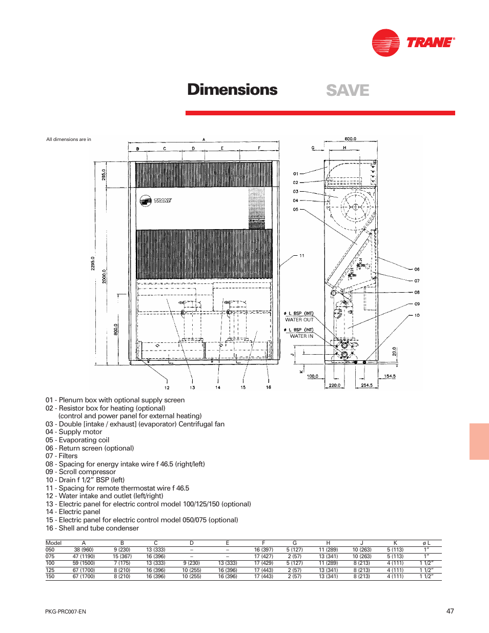 Dimensions, Save | Trane Genius PKG-PRC007-EN User Manual | Page 47 / 52