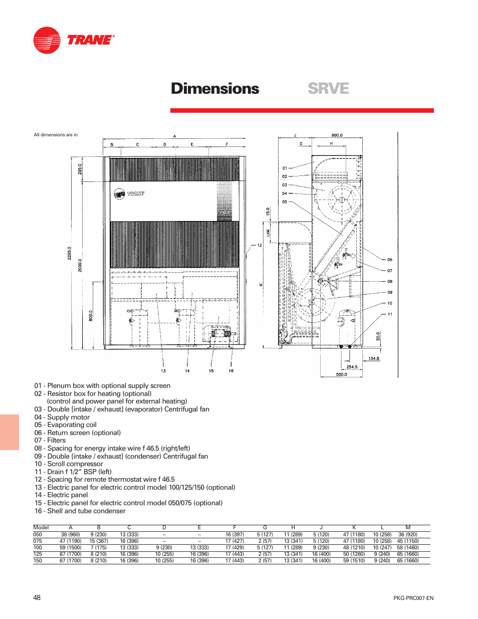 Dimensions srve | Trane Genius PKG-PRC007-EN User Manual | Page 48 / 52