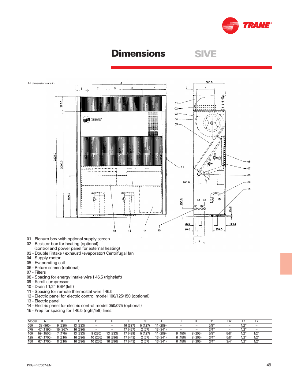 Dimensions sive | Trane Genius PKG-PRC007-EN User Manual | Page 49 / 52