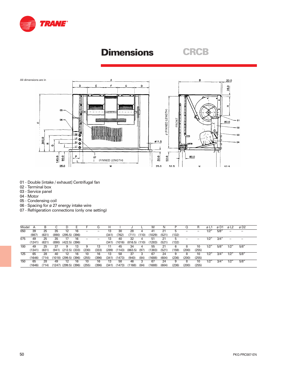 Dimensions crcb | Trane Genius PKG-PRC007-EN User Manual | Page 50 / 52