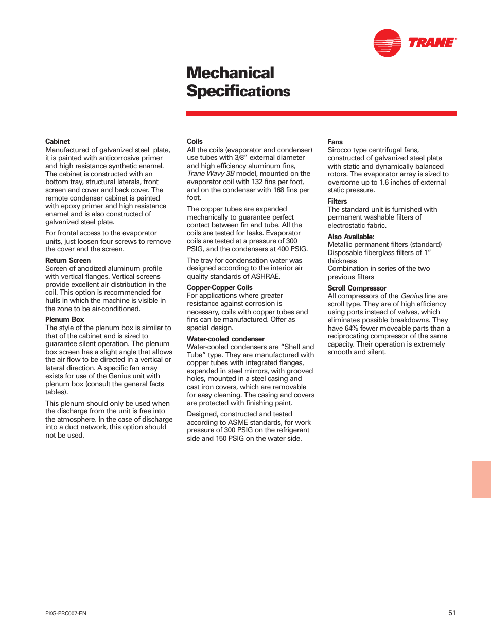 Mechanical specifications, Mechanical specification, Mechanical specifi | Cations | Trane Genius PKG-PRC007-EN User Manual | Page 51 / 52