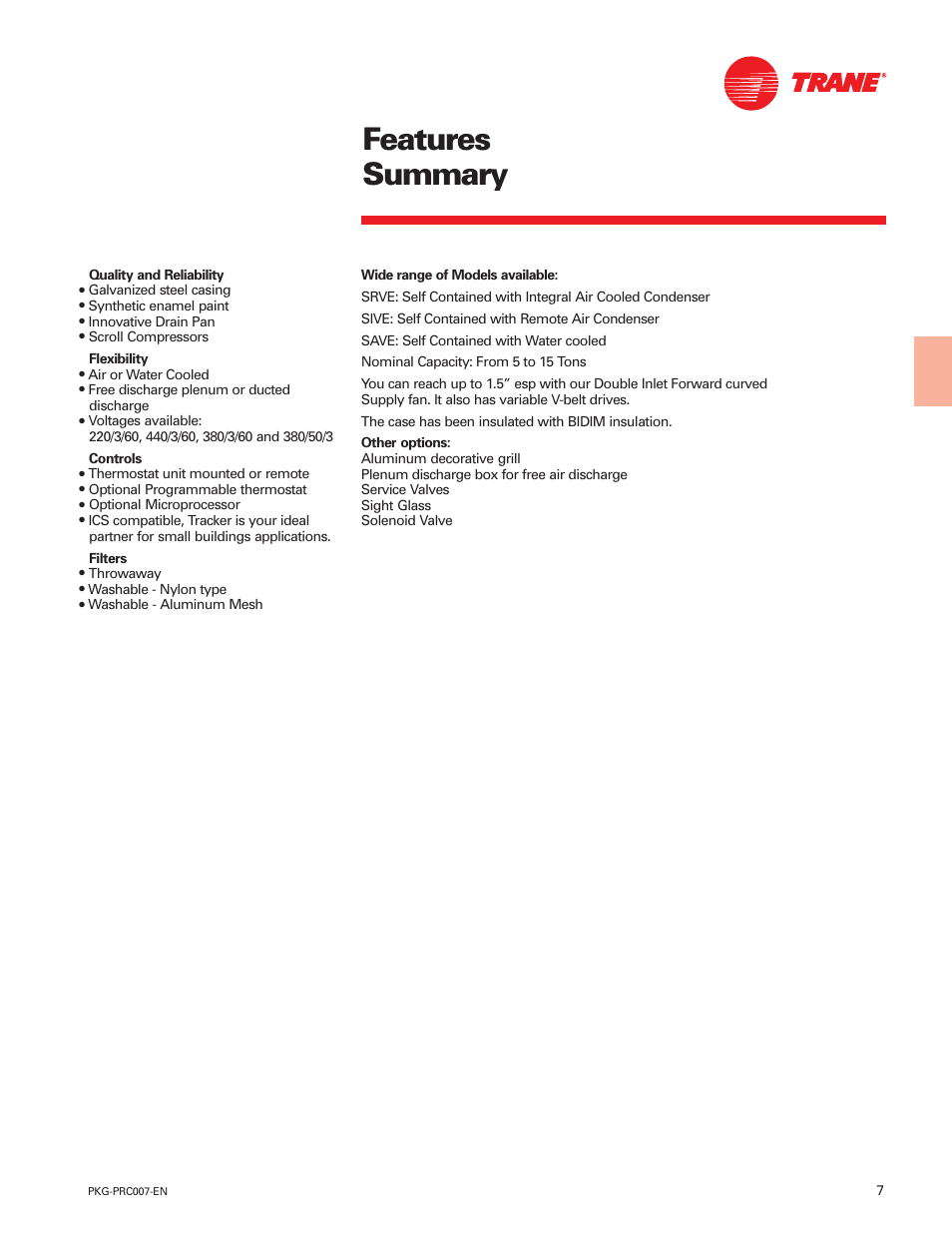 Features summary | Trane Genius PKG-PRC007-EN User Manual | Page 7 / 52