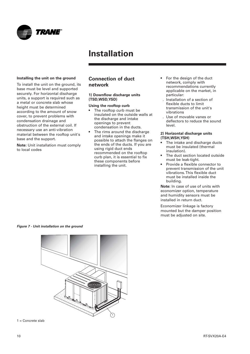 Connection of duct network, Installation | Trane Voyager 1 Rooftop Unit TSD User Manual | Page 10 / 68