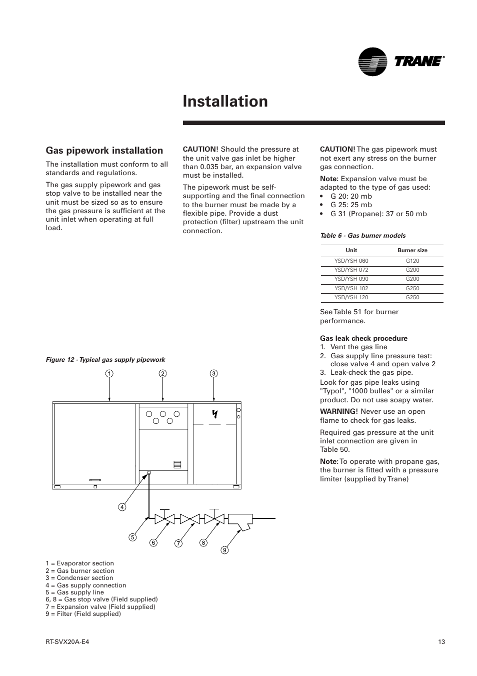 Gas pipework installation, Installation | Trane Voyager 1 Rooftop Unit TSD User Manual | Page 13 / 68