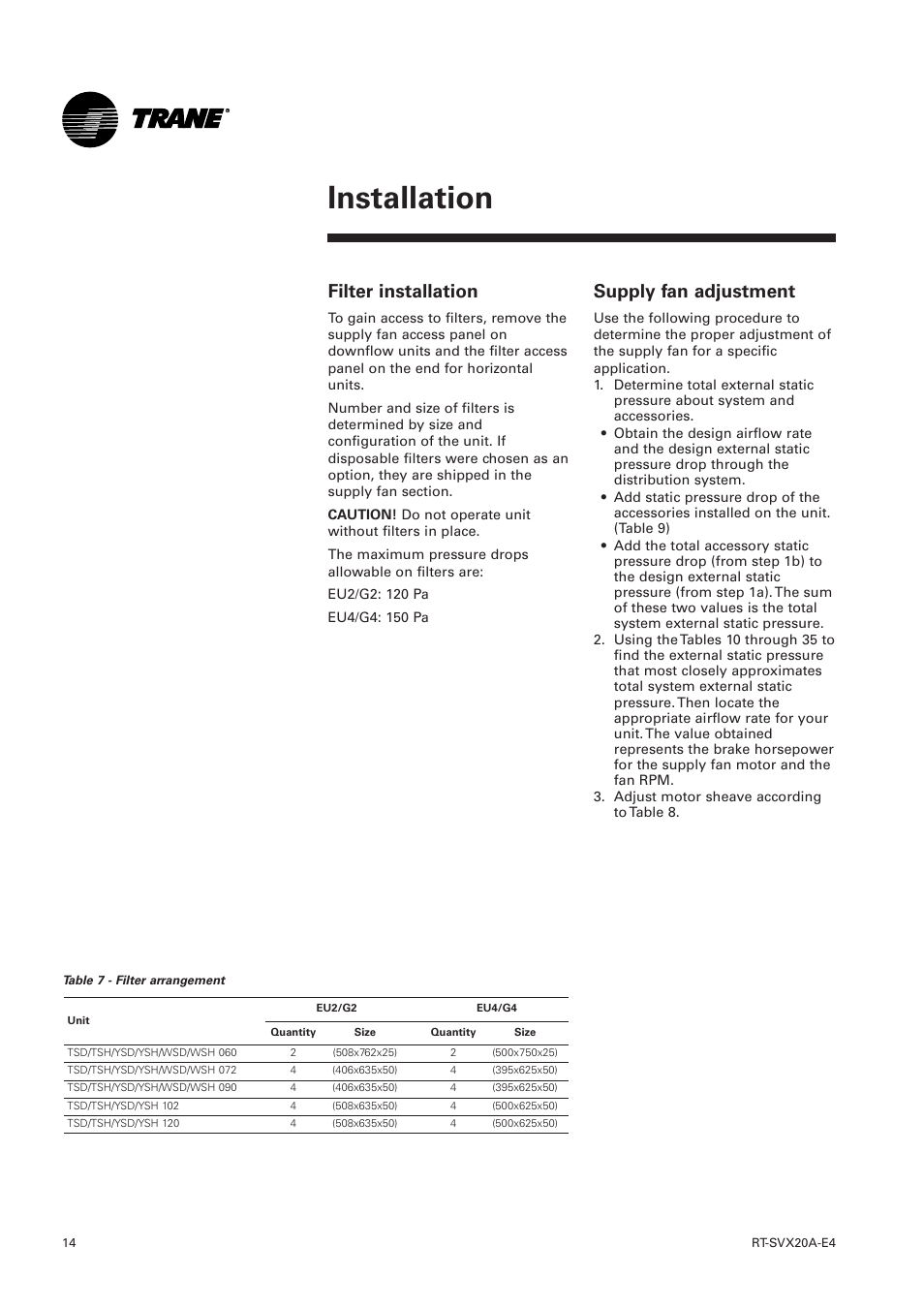 Filter installation, Supply fan adjustment, Installation | Trane Voyager 1 Rooftop Unit TSD User Manual | Page 14 / 68