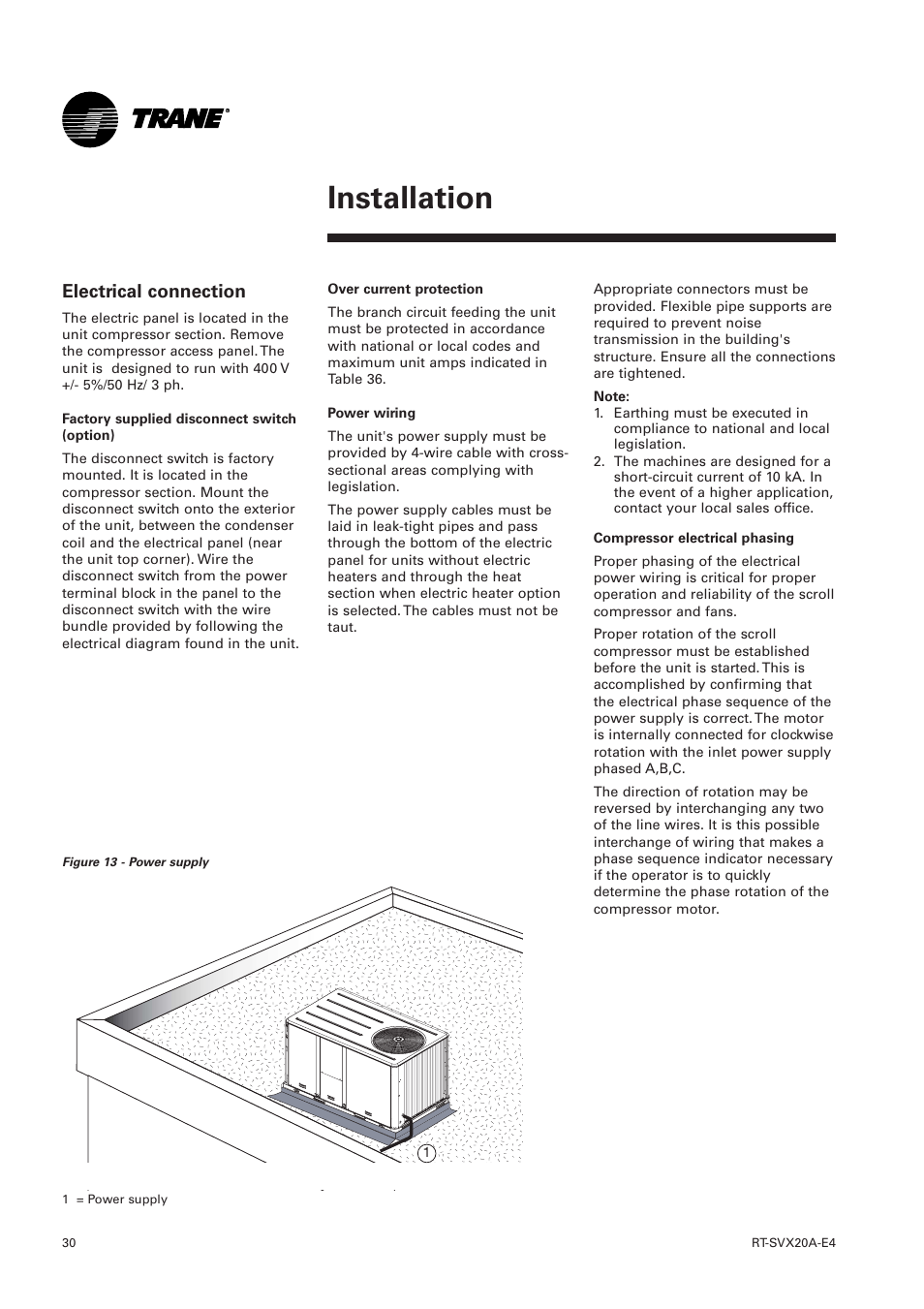 Electrical connection, Installation | Trane Voyager 1 Rooftop Unit TSD User Manual | Page 30 / 68