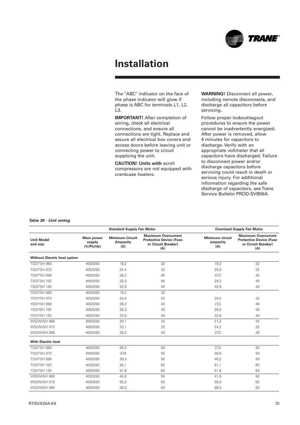 Installation | Trane Voyager 1 Rooftop Unit TSD User Manual | Page 31 / 68