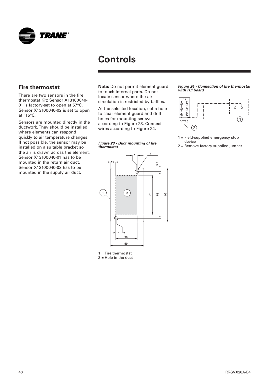 Fire thermostat, Controls | Trane Voyager 1 Rooftop Unit TSD User Manual | Page 40 / 68