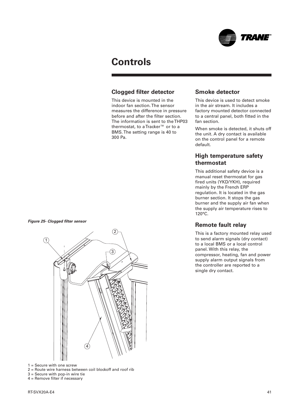 Clogged filter detector, Smoke detector, High temperature safety thermostat | Remote fault relay, Controls | Trane Voyager 1 Rooftop Unit TSD User Manual | Page 41 / 68