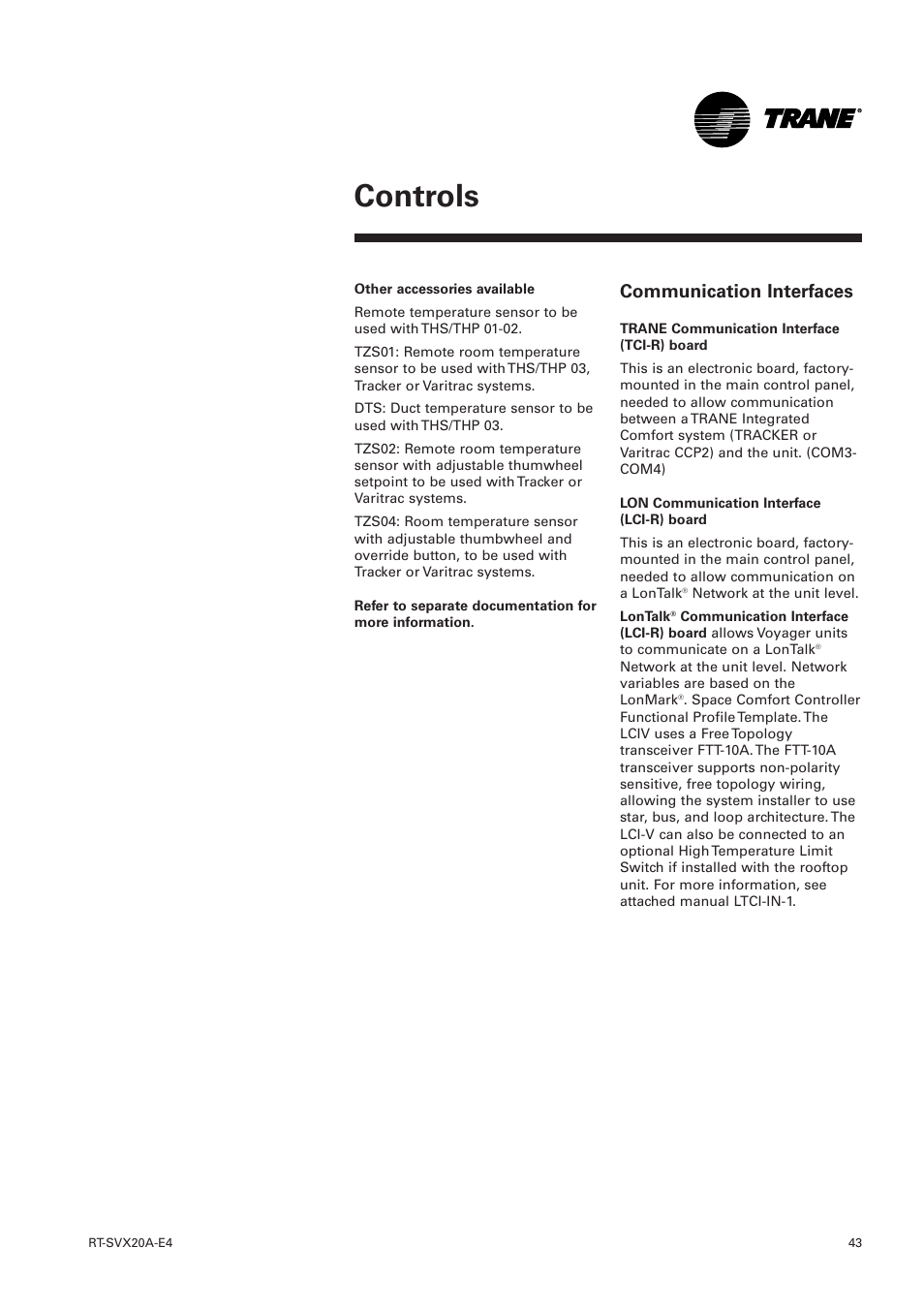 Communication interfaces, Controls | Trane Voyager 1 Rooftop Unit TSD User Manual | Page 43 / 68