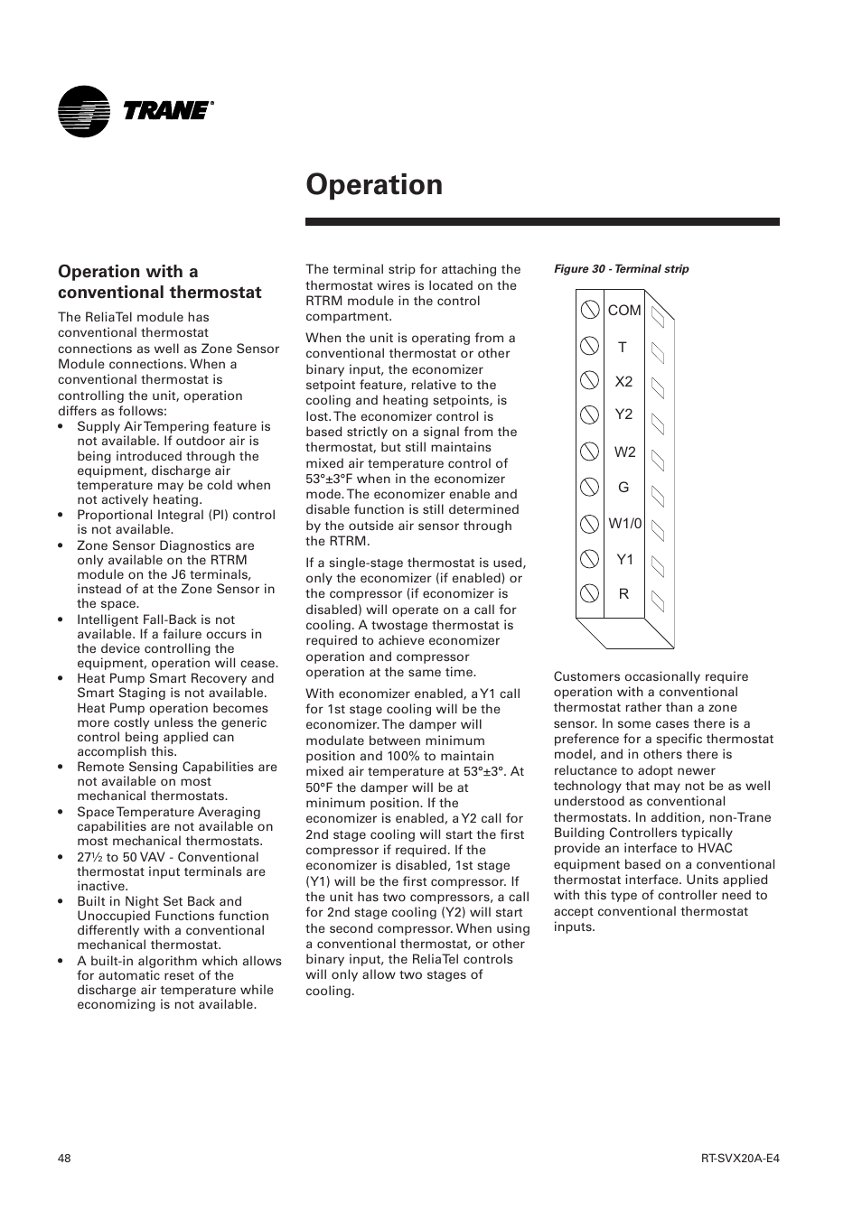 Operation, Operation with a conventional thermostat | Trane Voyager 1 Rooftop Unit TSD User Manual | Page 48 / 68