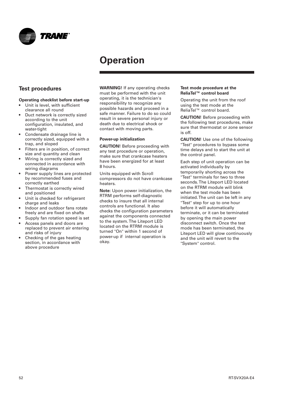 Operation, Test procedures | Trane Voyager 1 Rooftop Unit TSD User Manual | Page 52 / 68