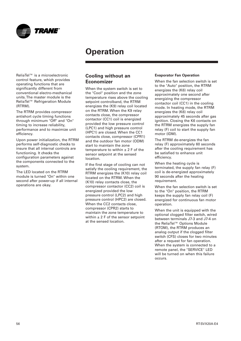 Operation, Cooling without an economizer | Trane Voyager 1 Rooftop Unit TSD User Manual | Page 56 / 68