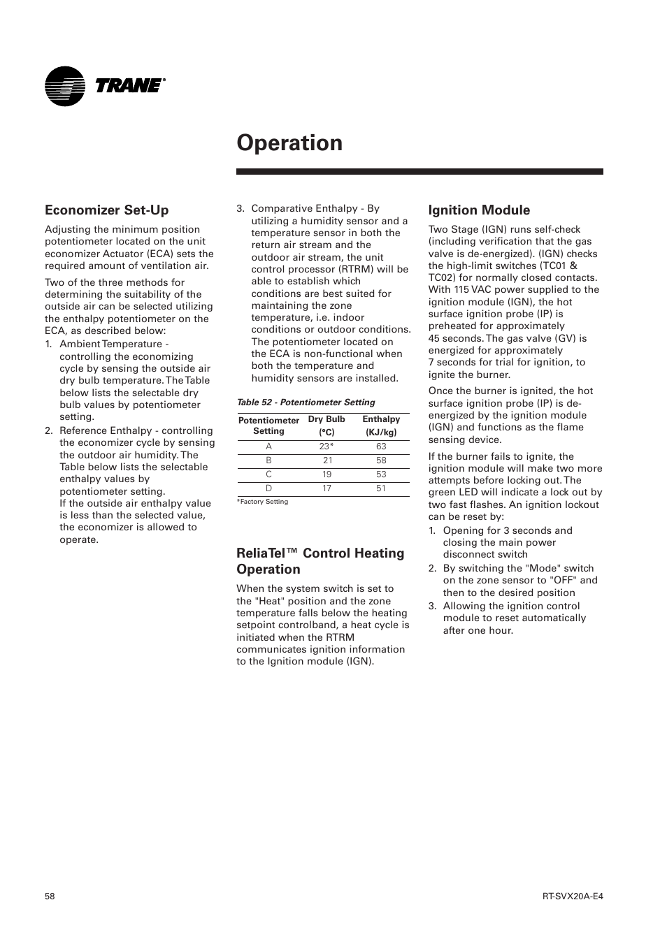 Operation, Economizer set-up, Reliatel™ control heating operation | Ignition module | Trane Voyager 1 Rooftop Unit TSD User Manual | Page 58 / 68