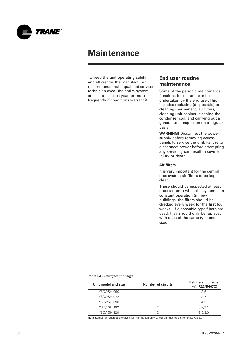 Maintenance, End user routine maintenance | Trane Voyager 1 Rooftop Unit TSD User Manual | Page 60 / 68