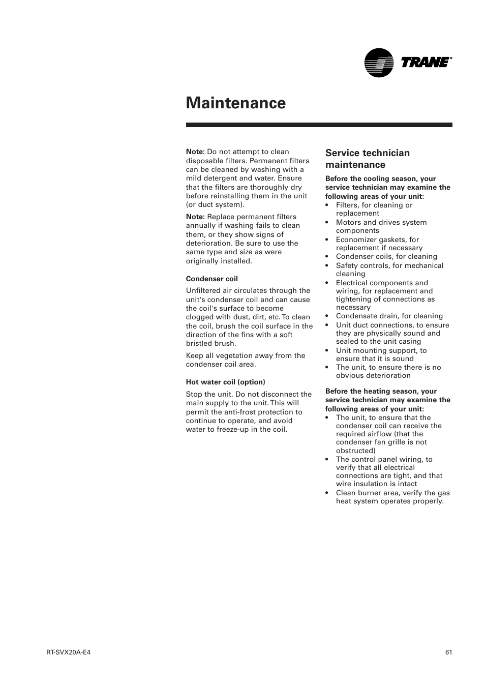 Maintenance, Service technician maintenance | Trane Voyager 1 Rooftop Unit TSD User Manual | Page 61 / 68