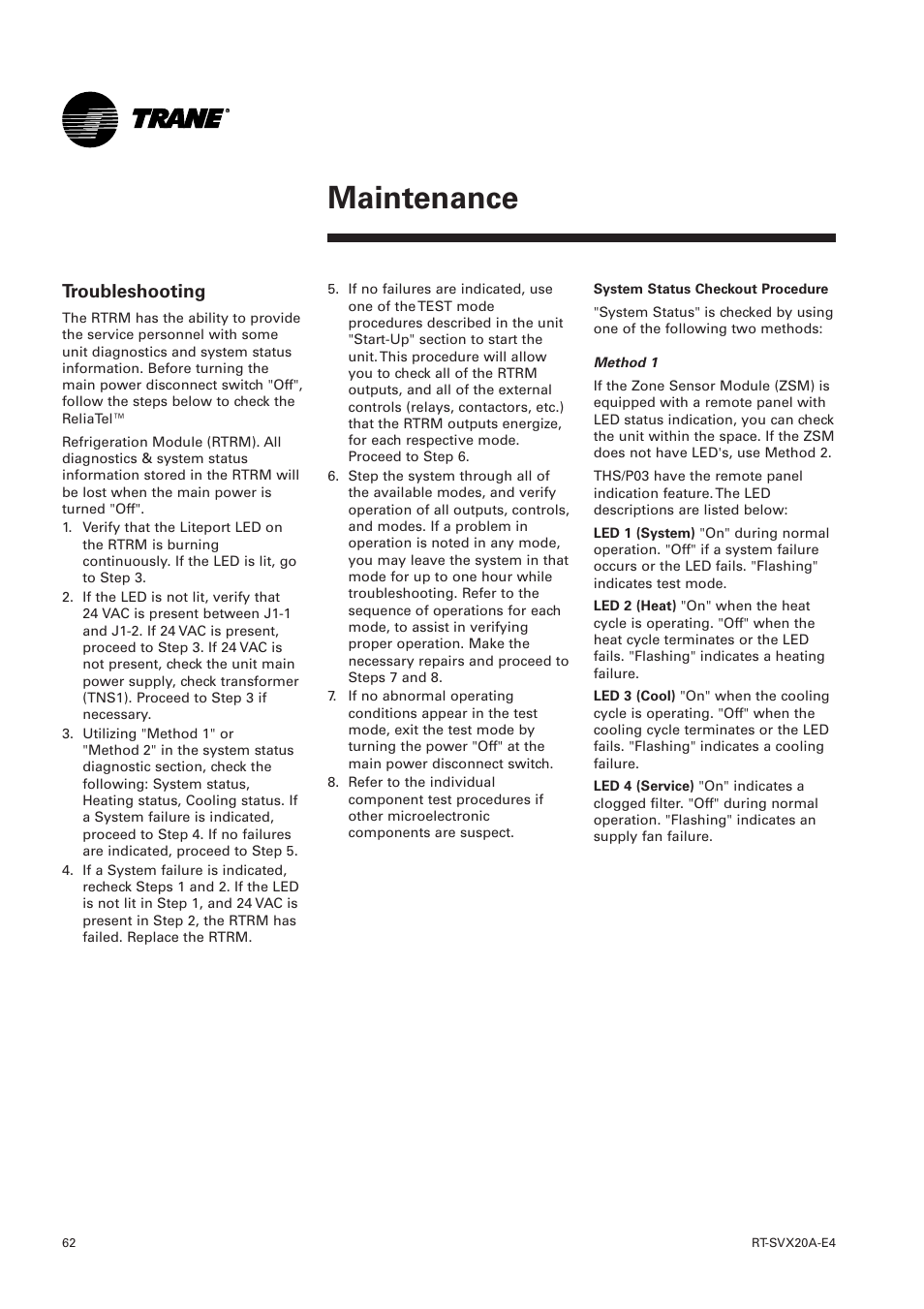 Maintenance, Troubleshooting | Trane Voyager 1 Rooftop Unit TSD User Manual | Page 62 / 68