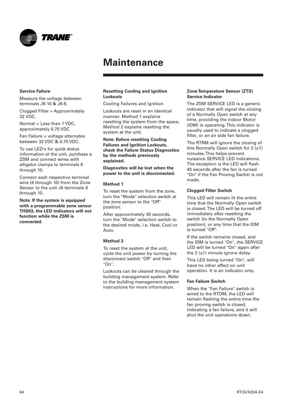 Maintenance | Trane Voyager 1 Rooftop Unit TSD User Manual | Page 64 / 68